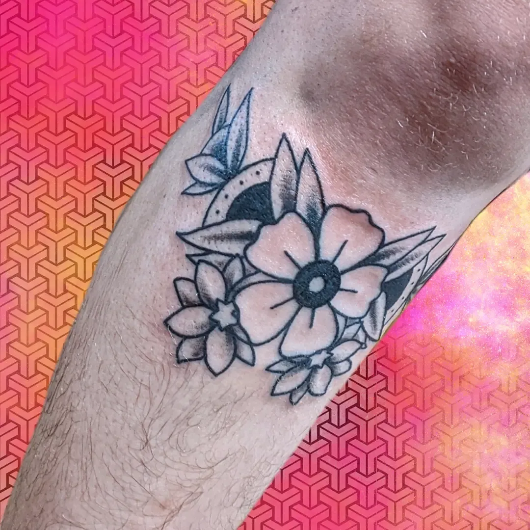 Black grey flower cluster tattoo inner elbow raleigh