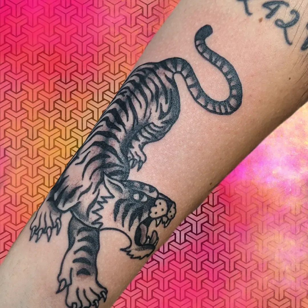 Black grey tiger tattoo forearm raleigh
