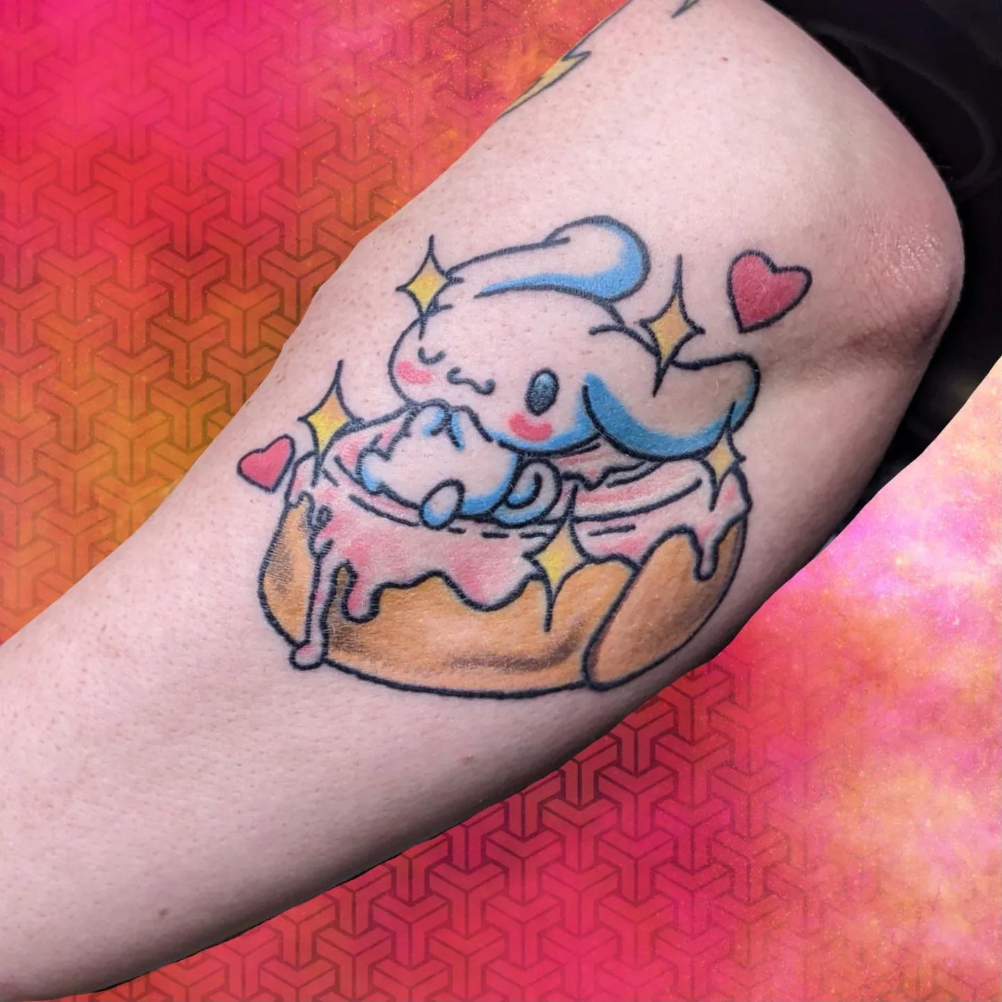 Cinnamon roll character tattoo inner arm raleigh