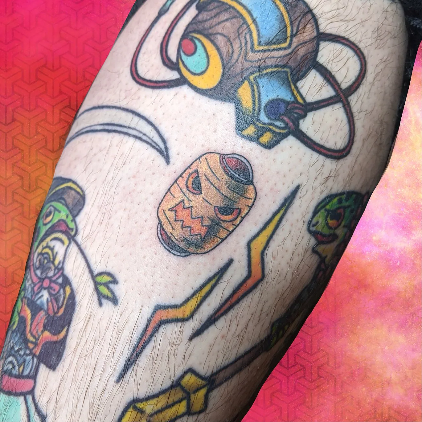 Jack o lantern frog tattoo leg raleigh
