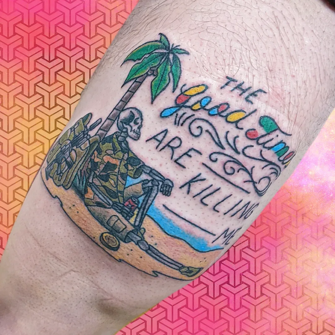 Skeleton soldier lettering tattoo arm raleigh