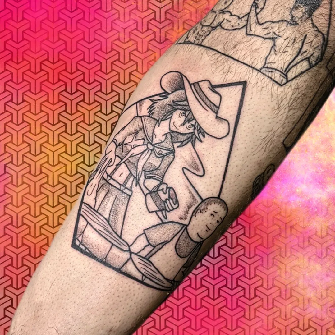 Straw hat character panel tattoo forearm raleigh