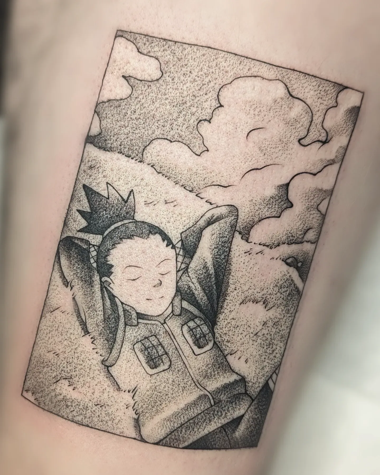Anime character cloud gazing scene tattoo raleigh