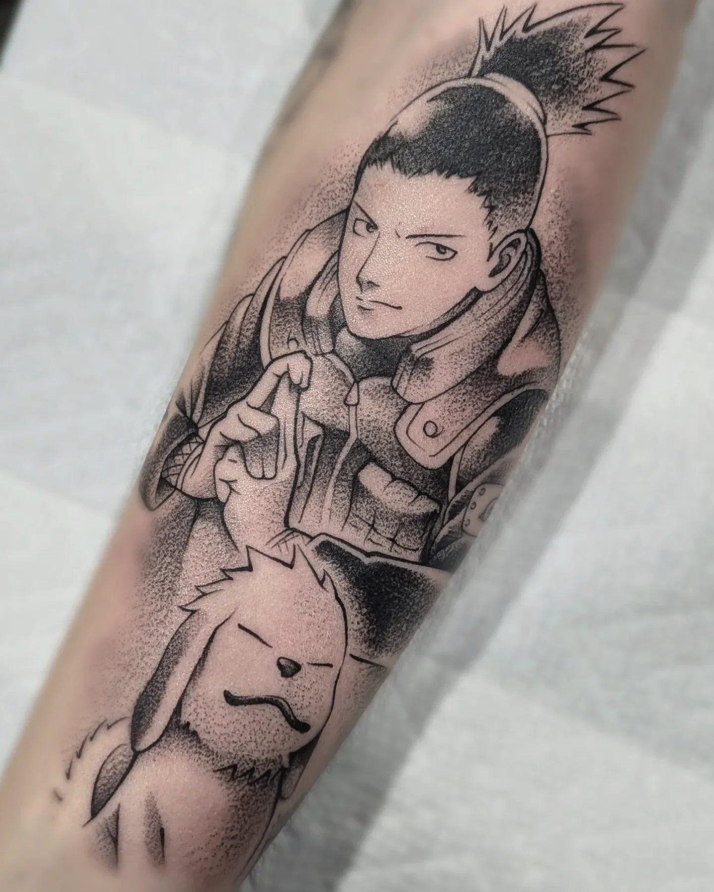 Anime ninja character dog forearm tattoo raleigh