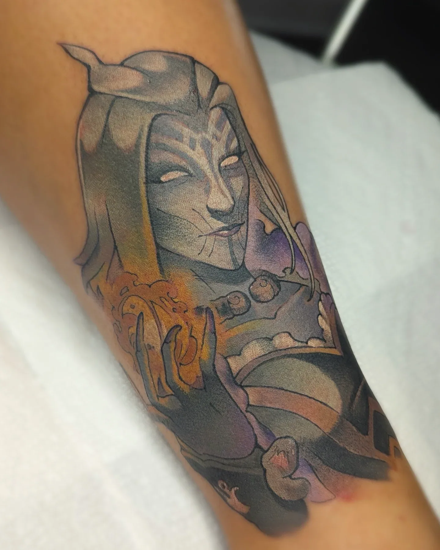 Anime priestess fire hand forearm tattoo raleigh