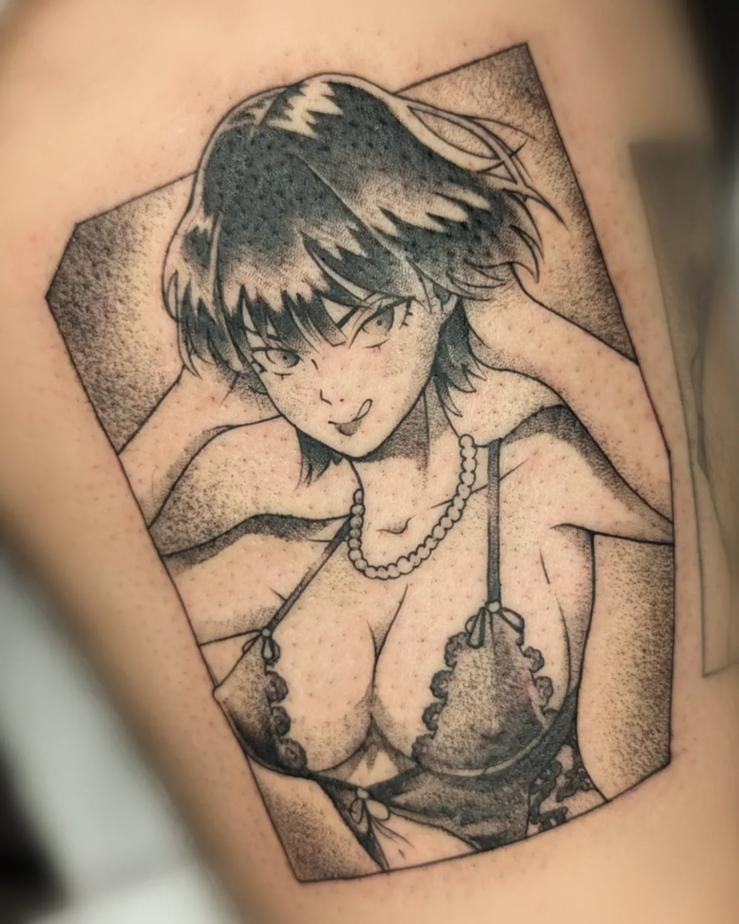 Black grey anime portrait arm tattoo raleigh