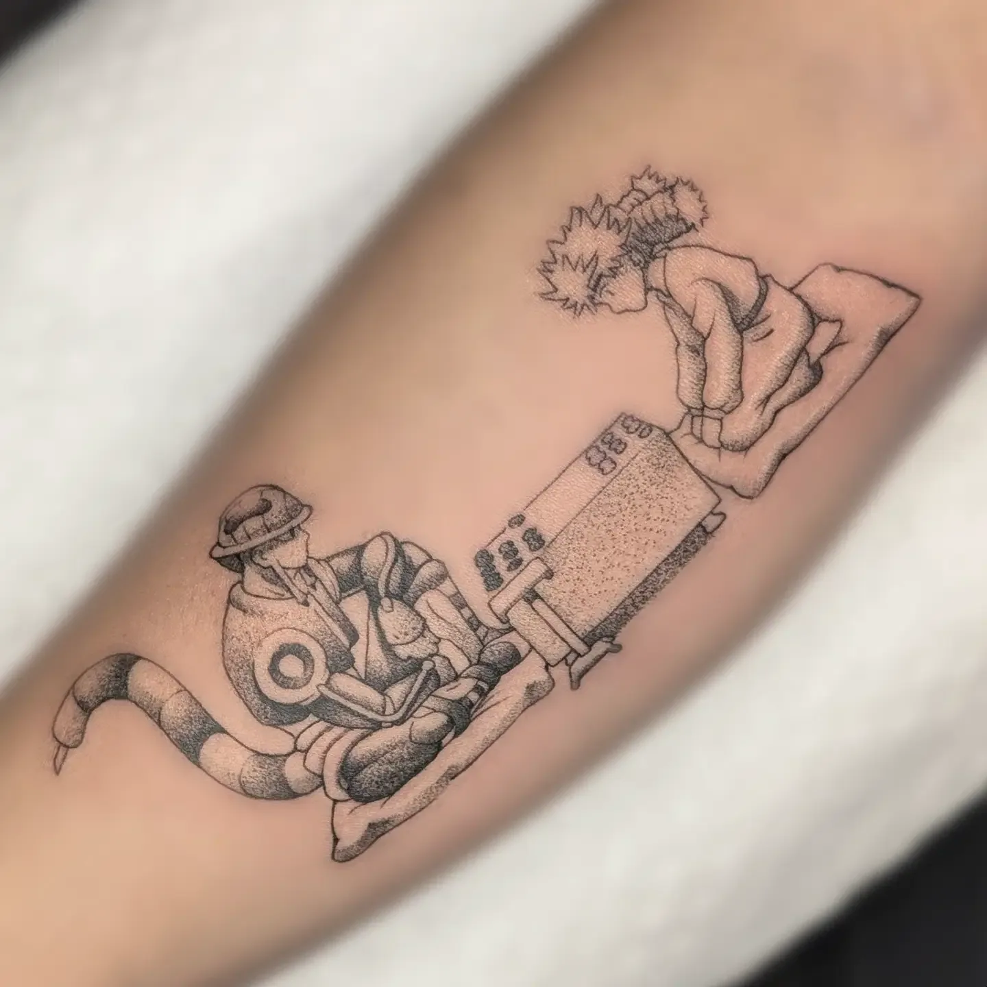 Black grey mecha pilot linework forearm tattoo raleigh