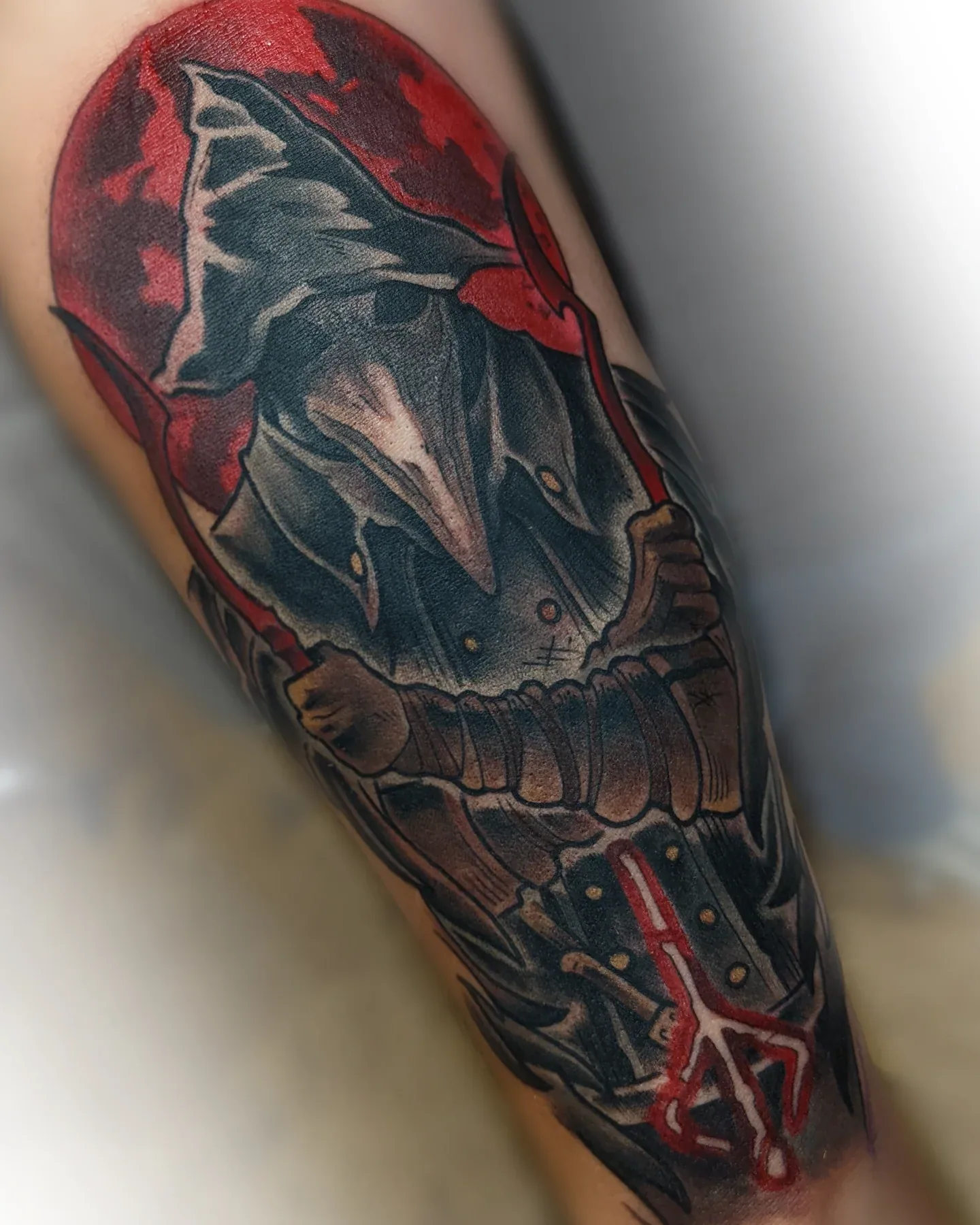 Plague doctor mask red moon forearm tattoo raleigh